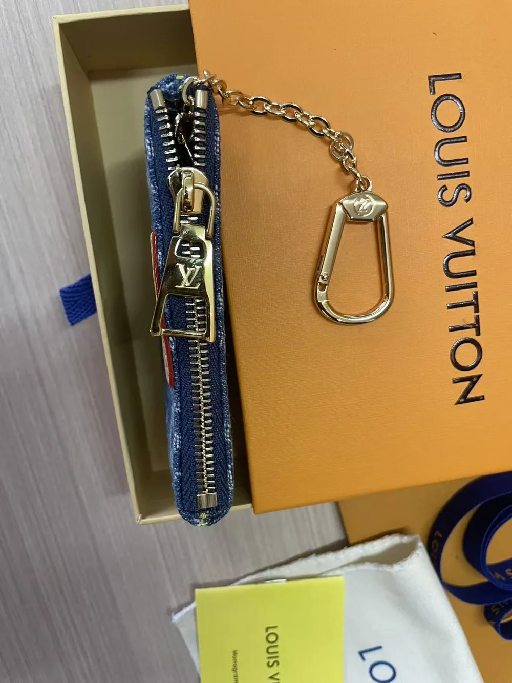 Louis Vuitton Blue Monogram Denim Key & Card Holder with Gold Chain